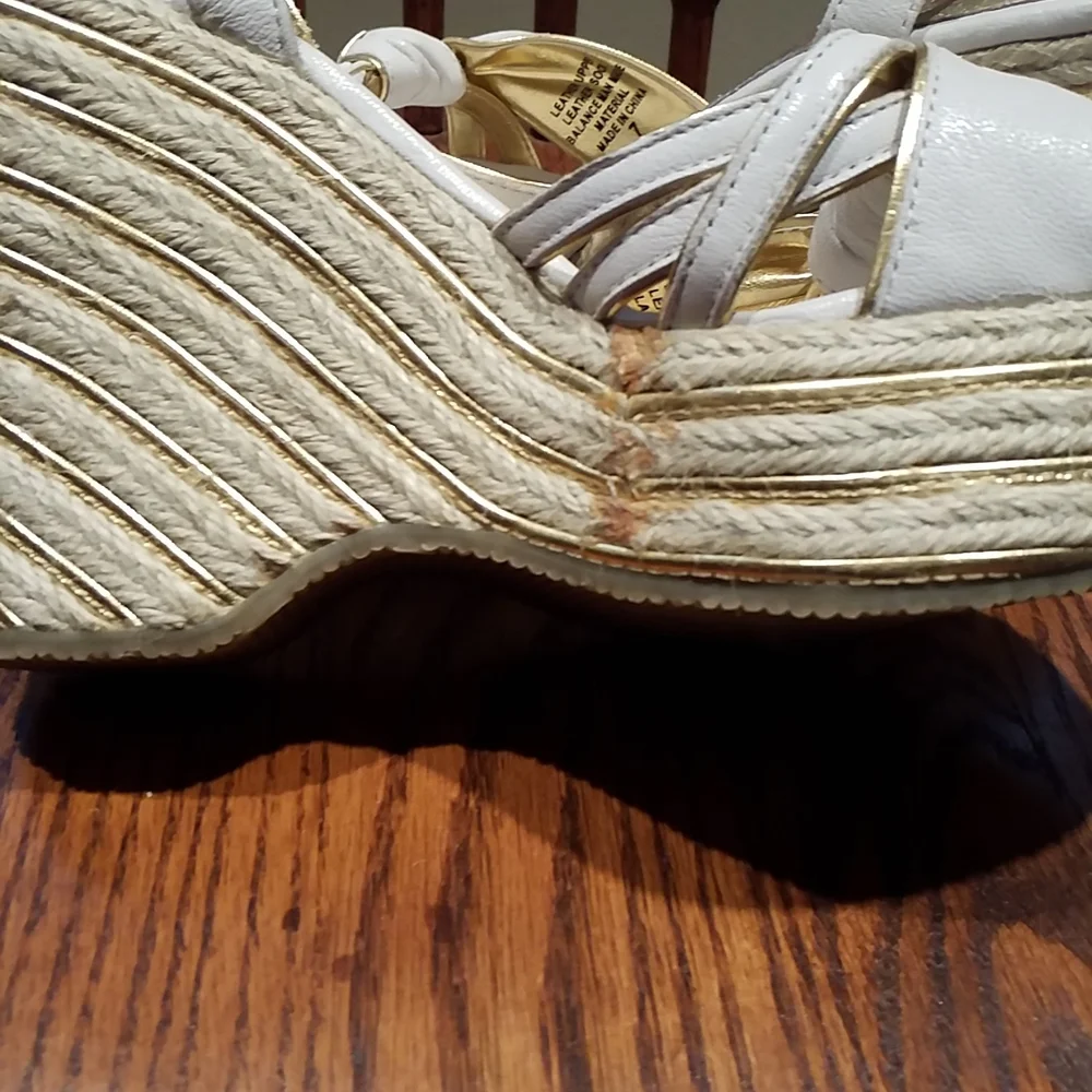 Nana White And Gold Wedge Heel Sandal With Wrap Around Ankle Strap 7